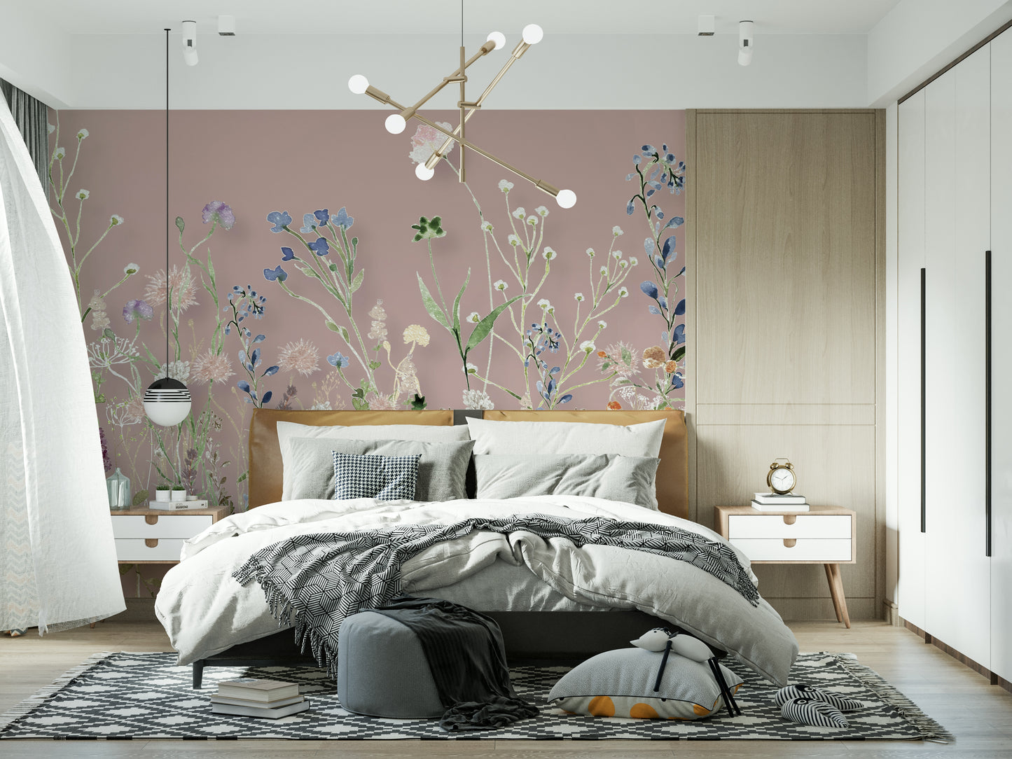 White and pink flower buds on the Blush Meadow Blooms Wall Mural.