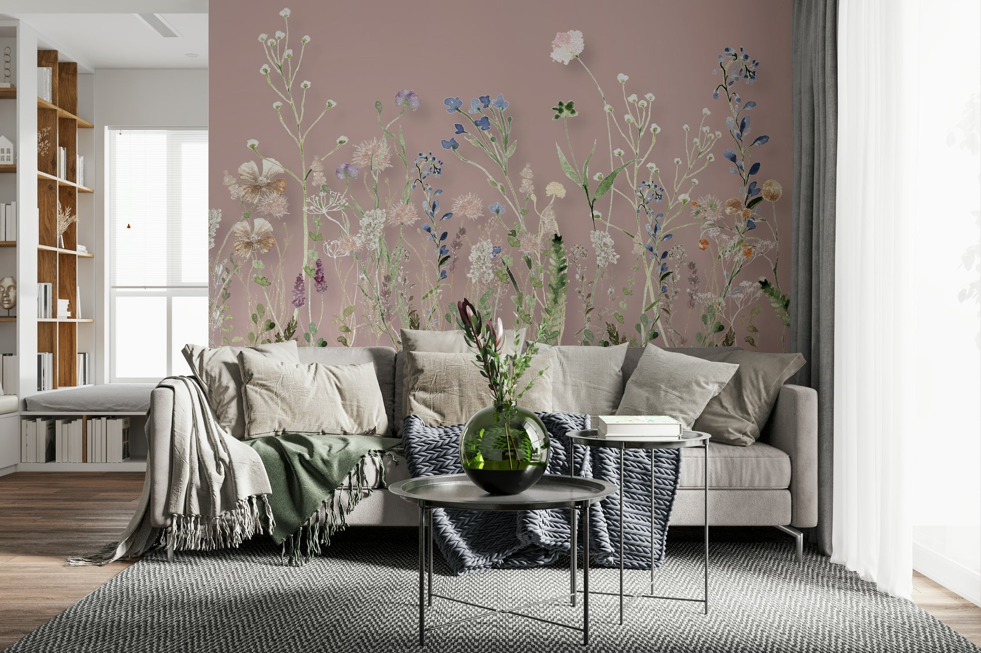 Airy living room decor using the Blush Meadow Blooms Wall Mural.