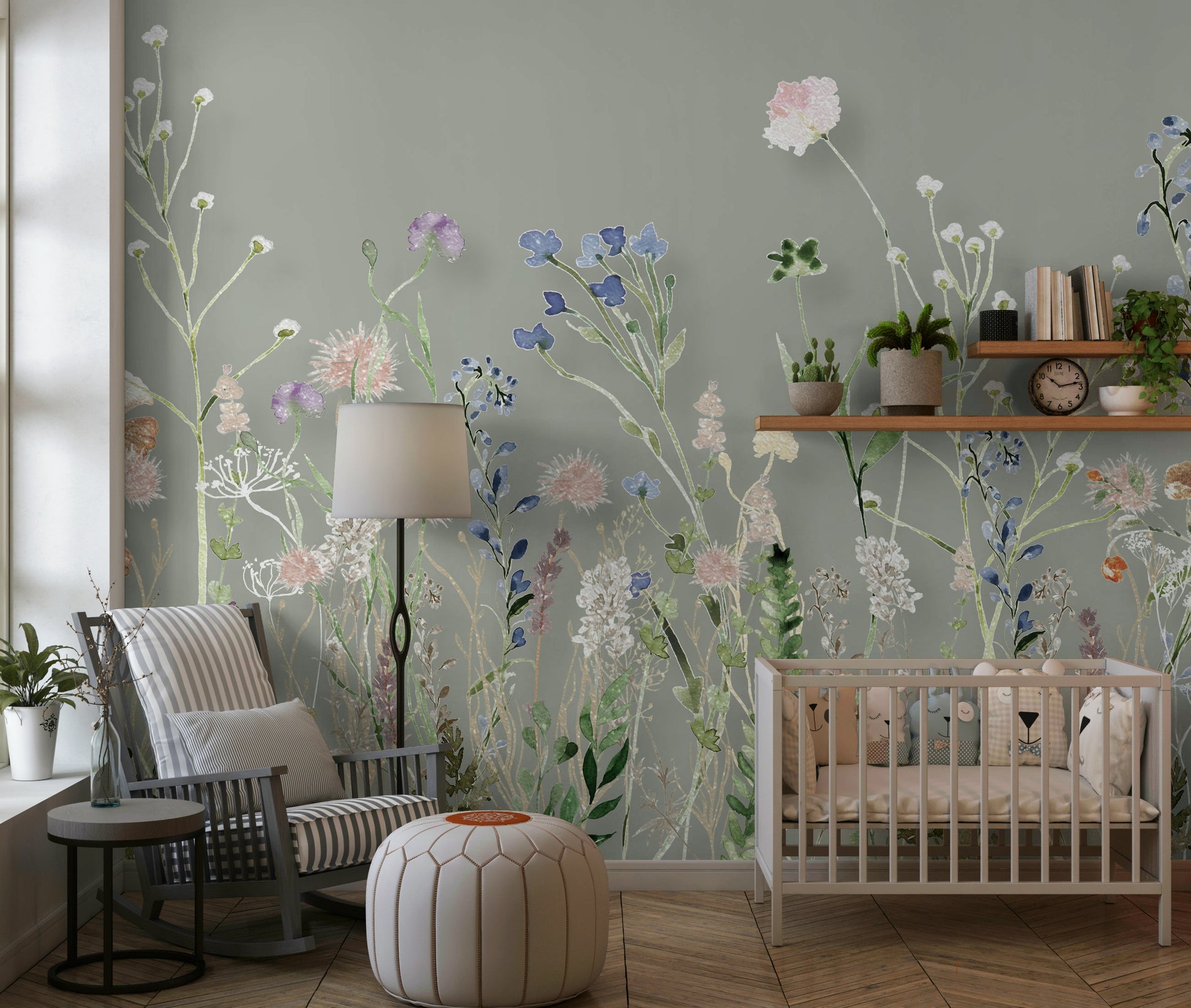 Neutral-toned bedroom wall wallpaper for walls with flowers.