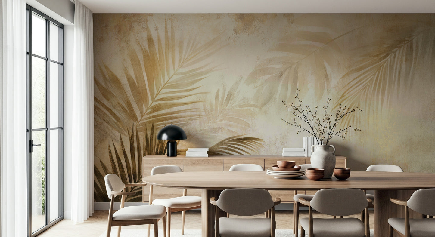 Artistic Golden Palms Wall Mural, soft gold leaf design.