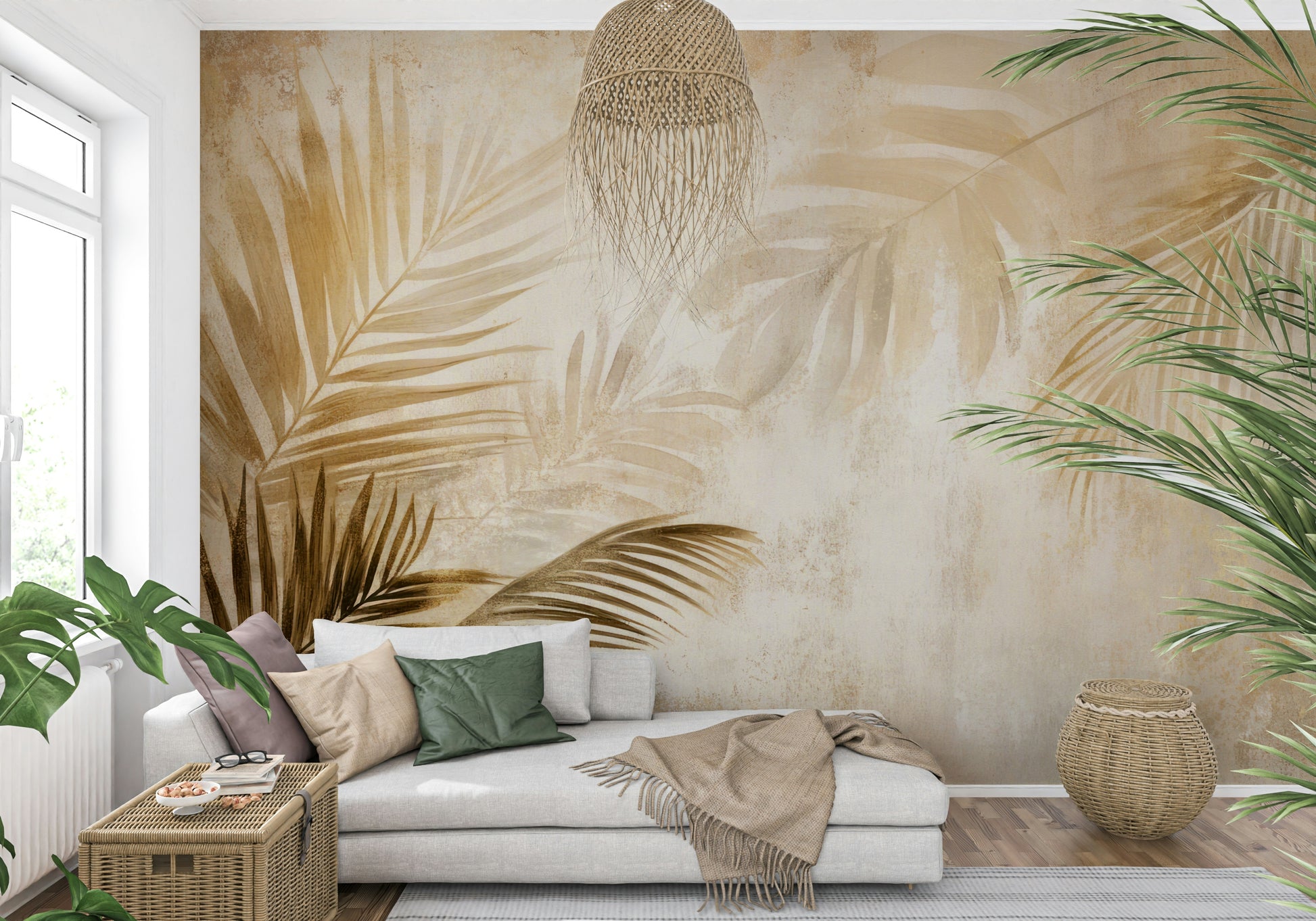 Luxurious Golden Palms Wall Mural, textured background.