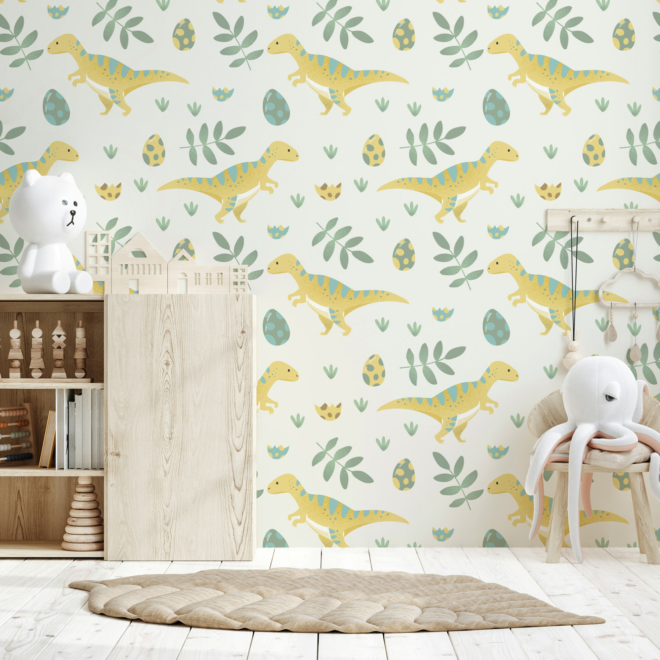 Playful baby dinosaurs on Dino Nursery Wallpaper design.