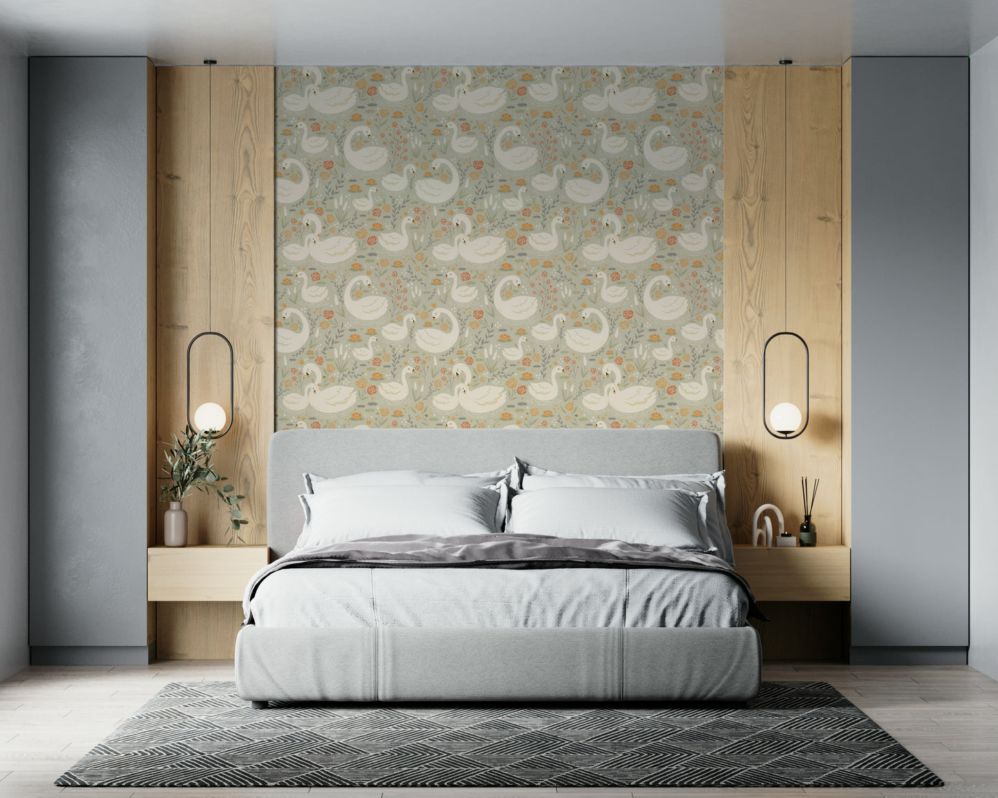 Fairytale-inspired design of the Swan Lake Dreams Wallpaper with gentle neutral and blush tones.