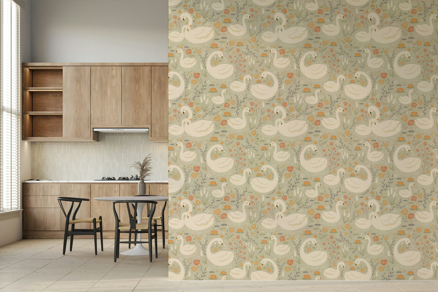 Artistic wallpaper mural featuring the serene and sweet illustrations of the Swan Lake Dreams Wallpaper collection.