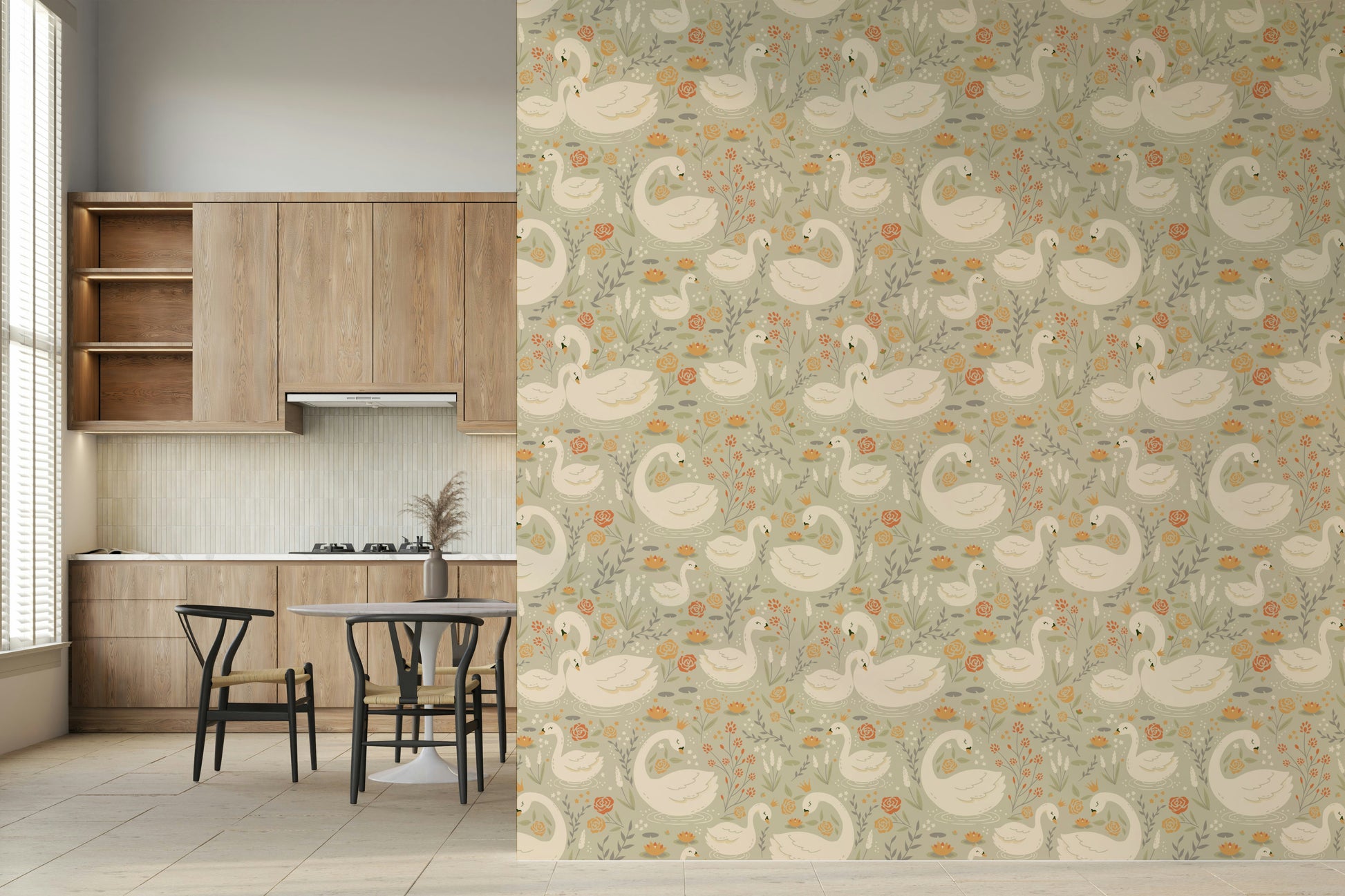 Artistic wallpaper mural featuring the serene and sweet illustrations of the Swan Lake Dreams Wallpaper collection.