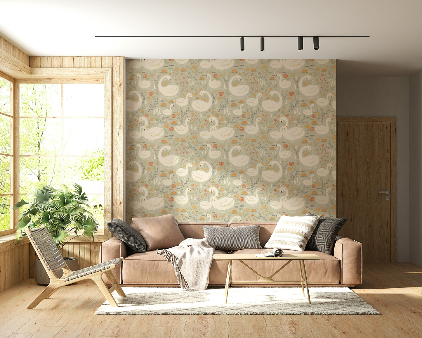 Stylized white swans and floral elements arranged in a calming, repeating Swan Lake Dreams Wallpaper pattern.