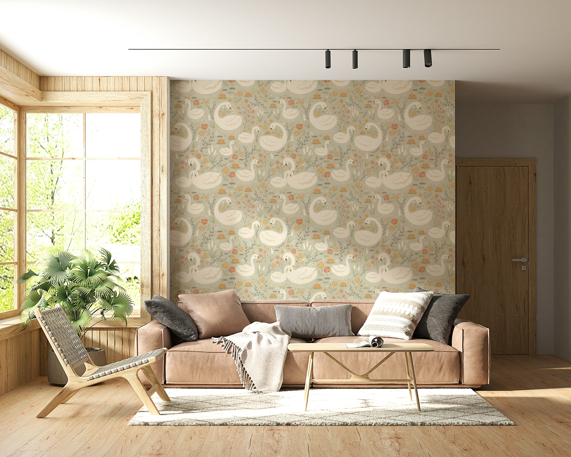 Stylized white swans and floral elements arranged in a calming, repeating Swan Lake Dreams Wallpaper pattern.