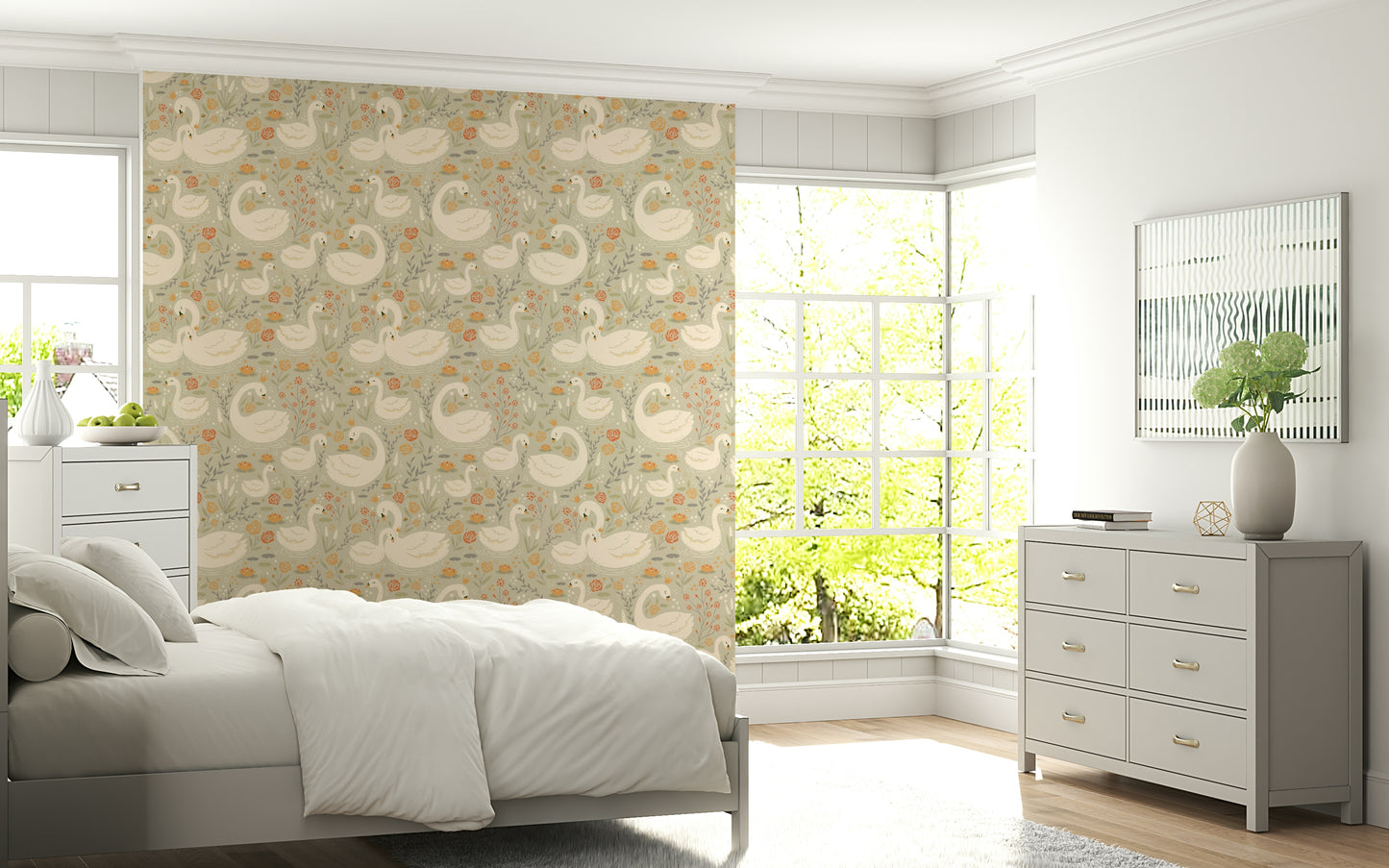 Continuous surface pattern of the Swan Lake Dreams Wallpaper with swans crowned with tiny gold crowns.