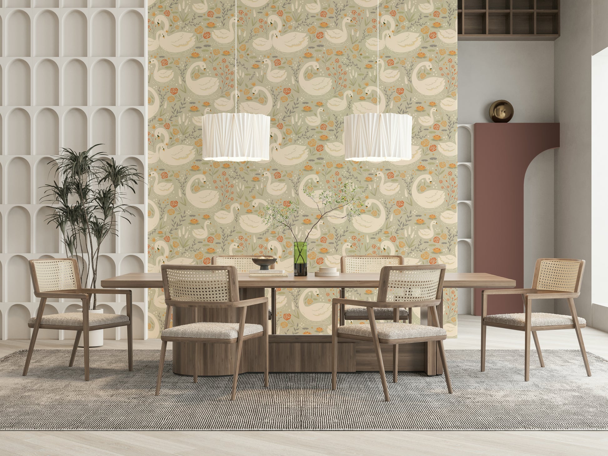 Interior room scene showcasing the delicate color palette of the Swan Lake Dreams Wallpaper on an accent wall.
