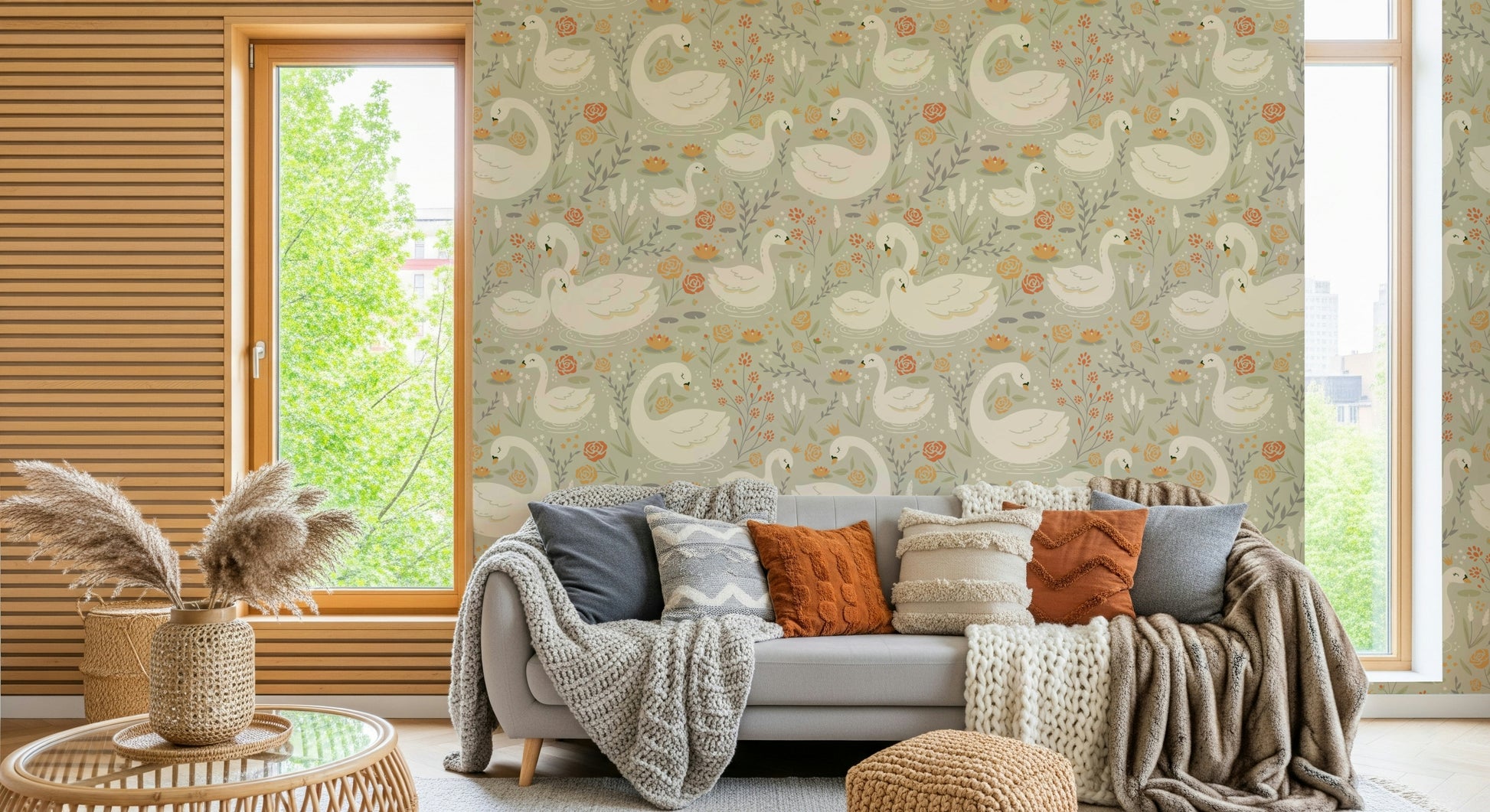 Swan Lake Dreams Wallpaper pattern featuring white swans, water lilies, and pale orange roses on a sage background.