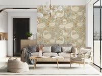Charming pattern of the Swan Lake Dreams Wallpaper, a delightful option for peel and stick wallpaper in a child's room.