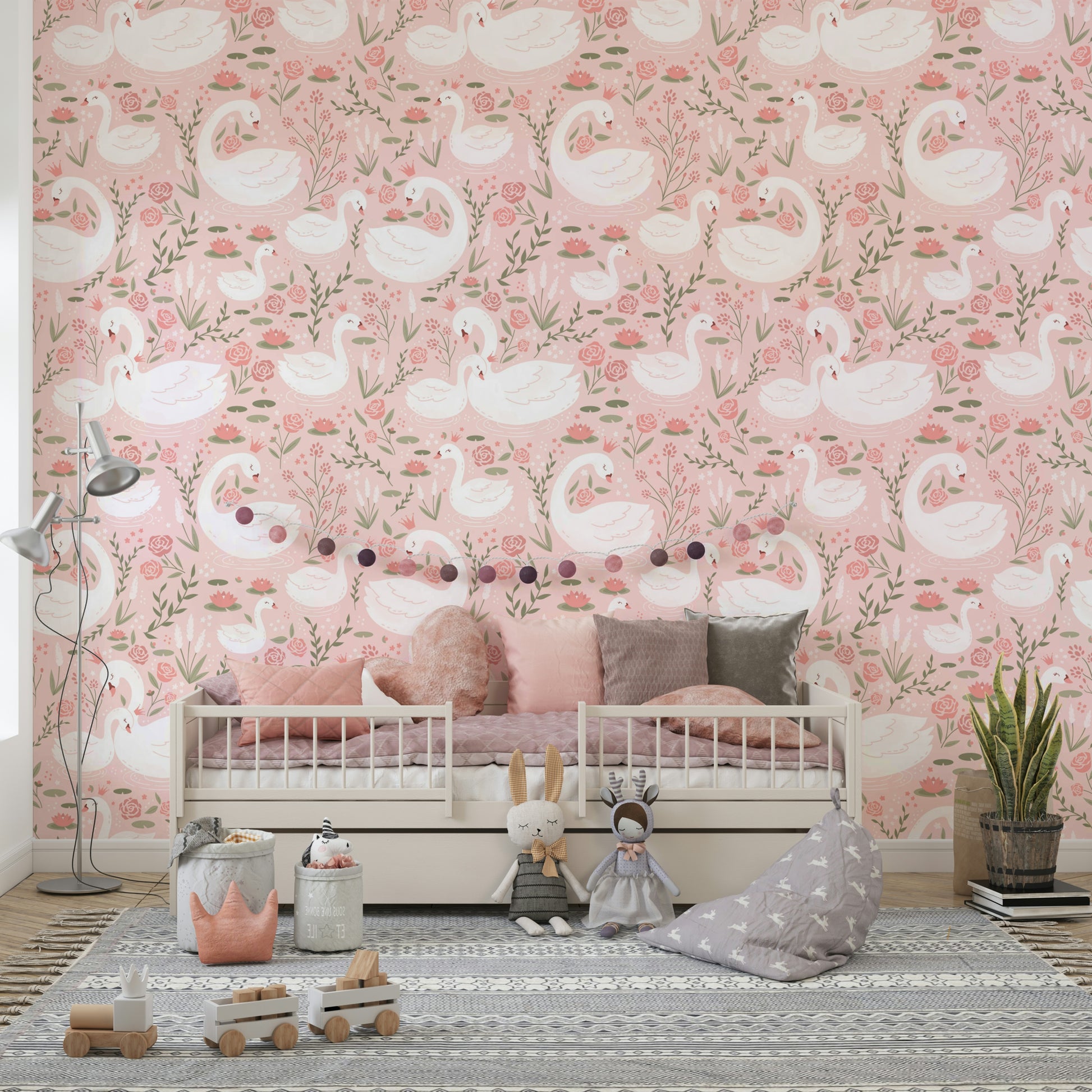 Master bedroom with elegant headboard wall featuring the pink floral swan wallpaper mural.