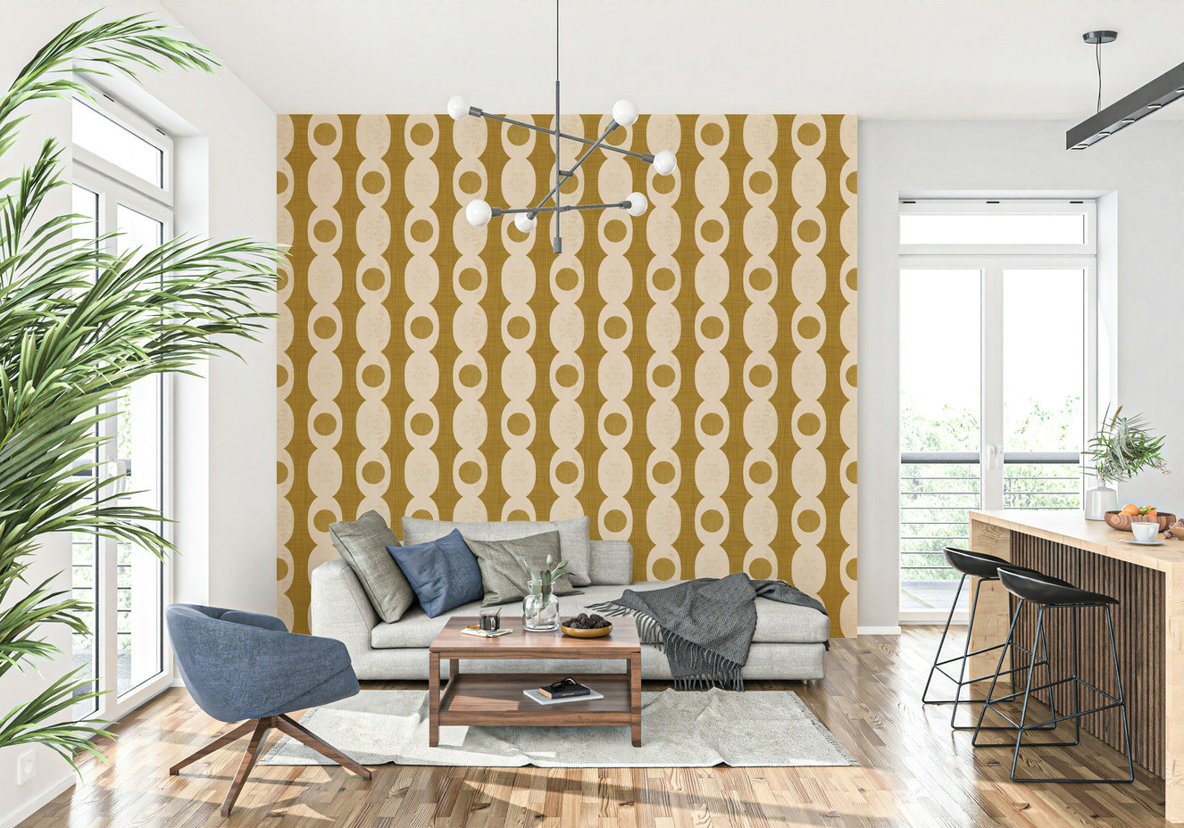Mid-century gold beige Retro Ovals Wallpaper pattern