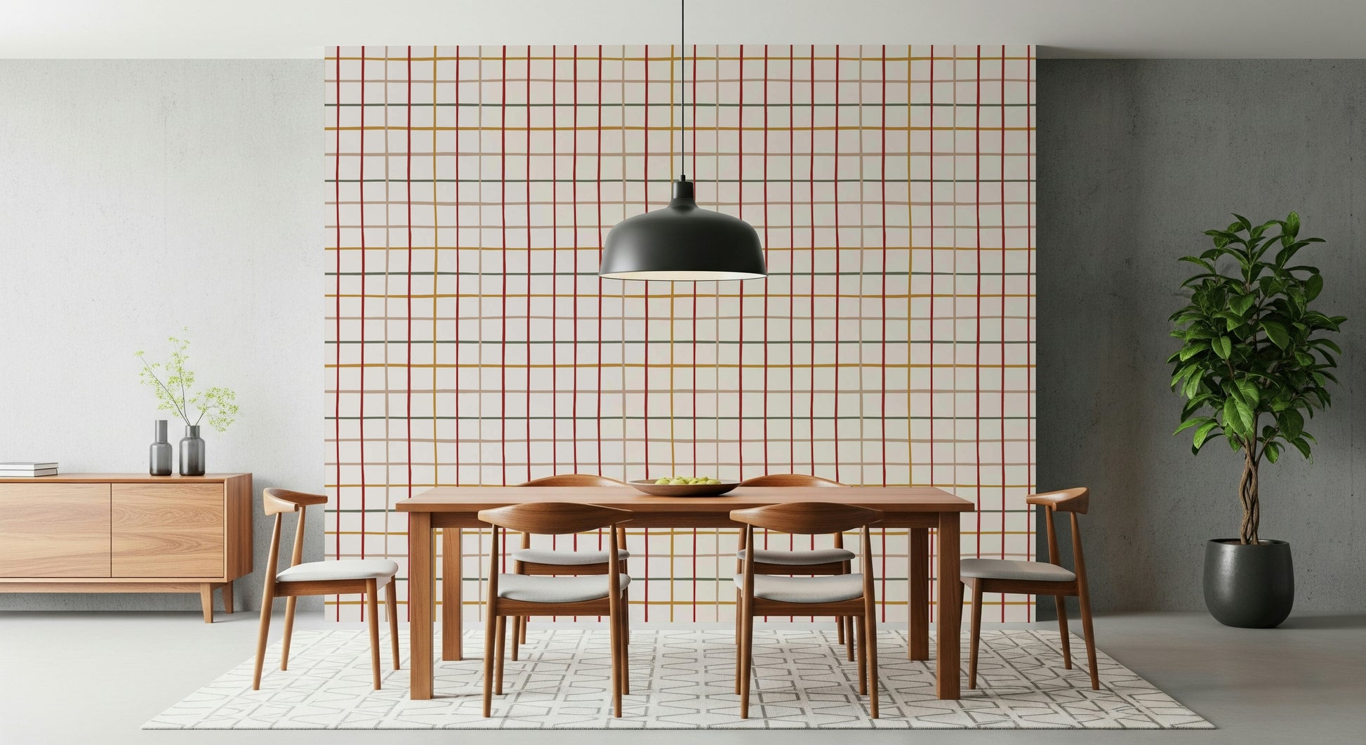 Warm living room decor using the Cozy Checkered Warmth Wallpaper.