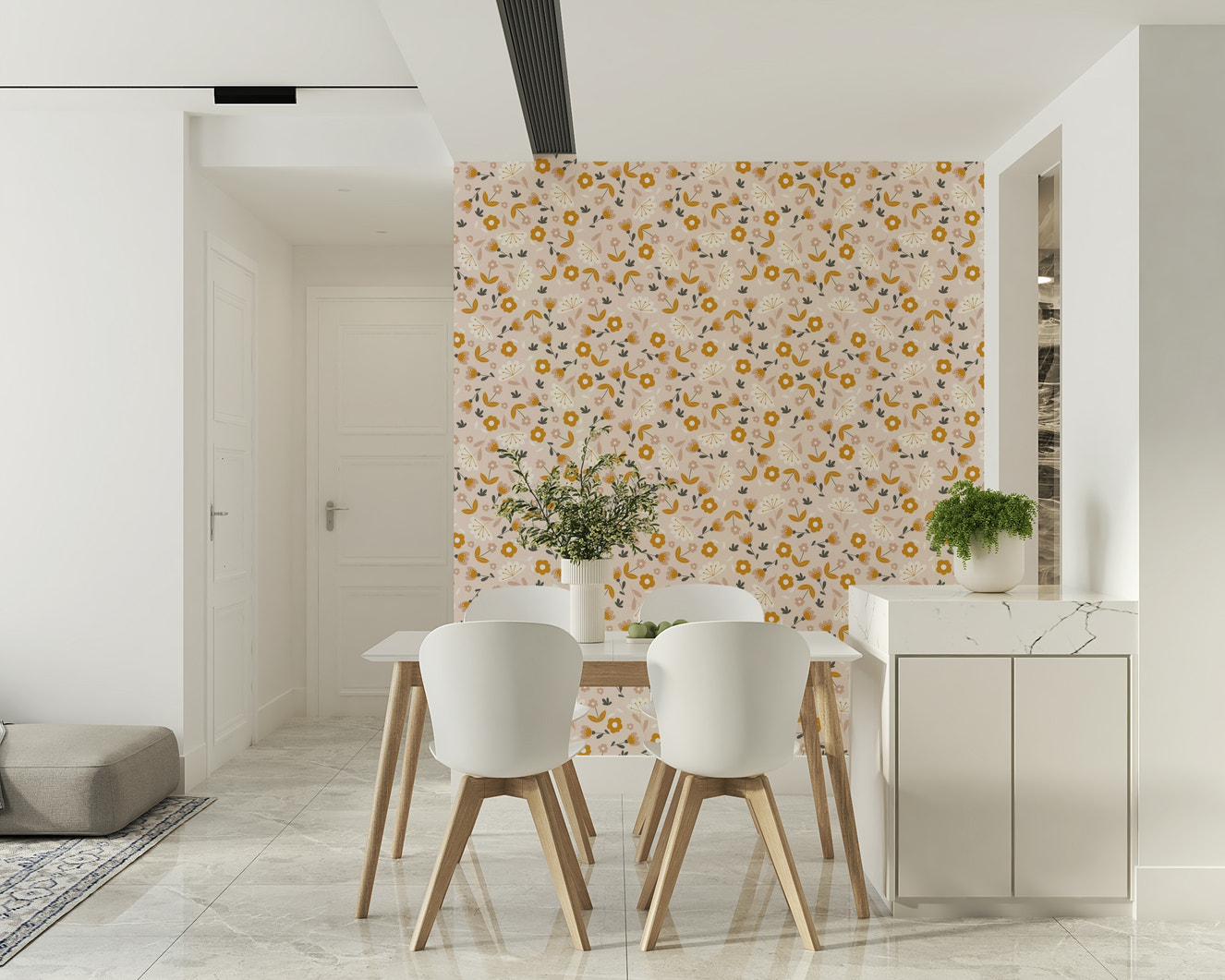 Cheerful retro Sunny Day Blooms Wallpaper floral pattern.