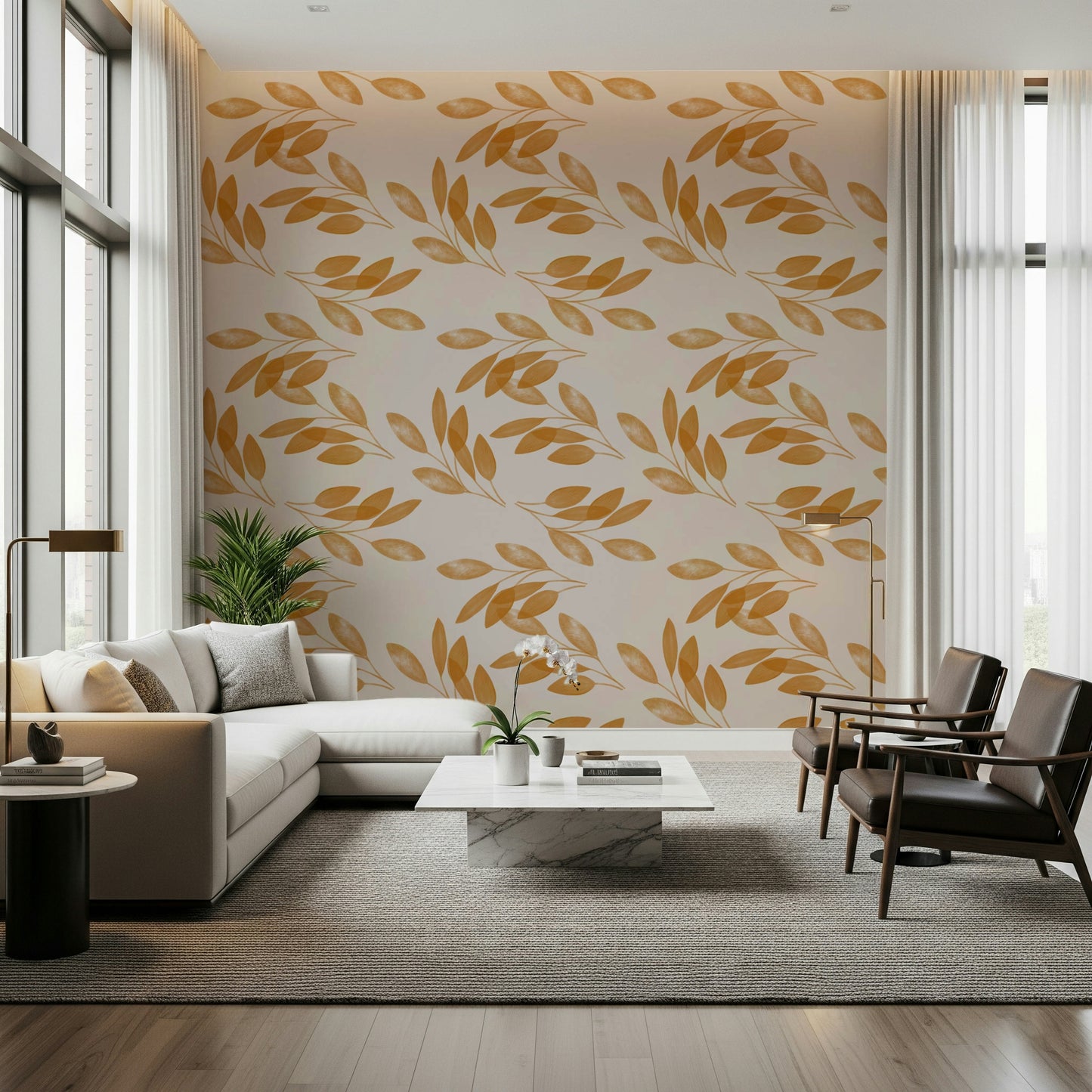 Sophisticated light Golden Leaf Whisper Wallpaper leaf graphic.