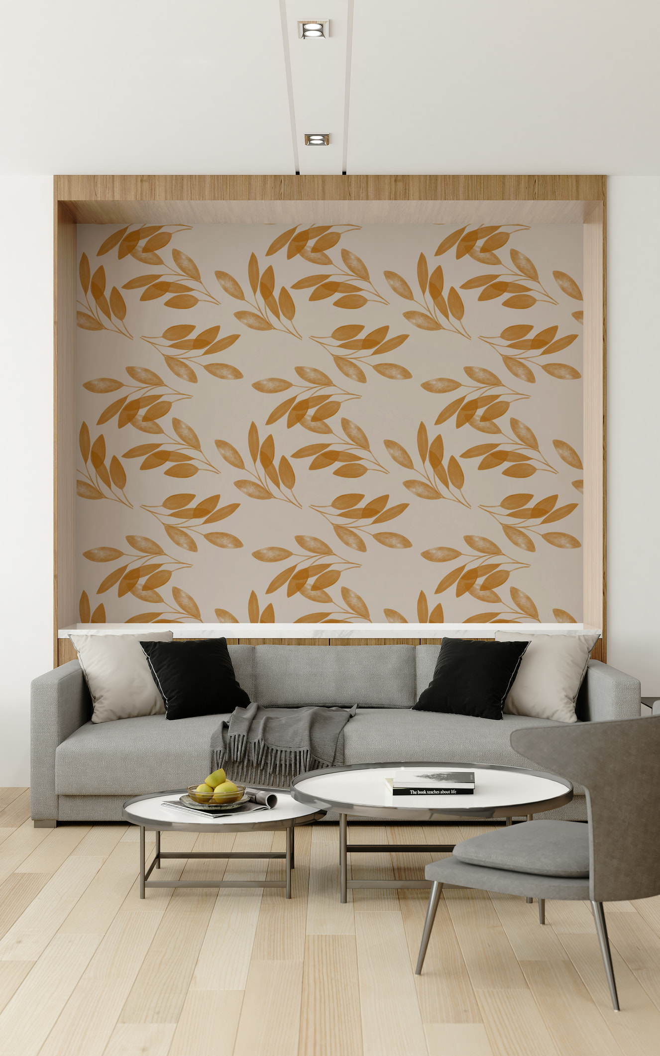 Muted gold Golden Leaf Whisper Wallpaper botanical pattern.