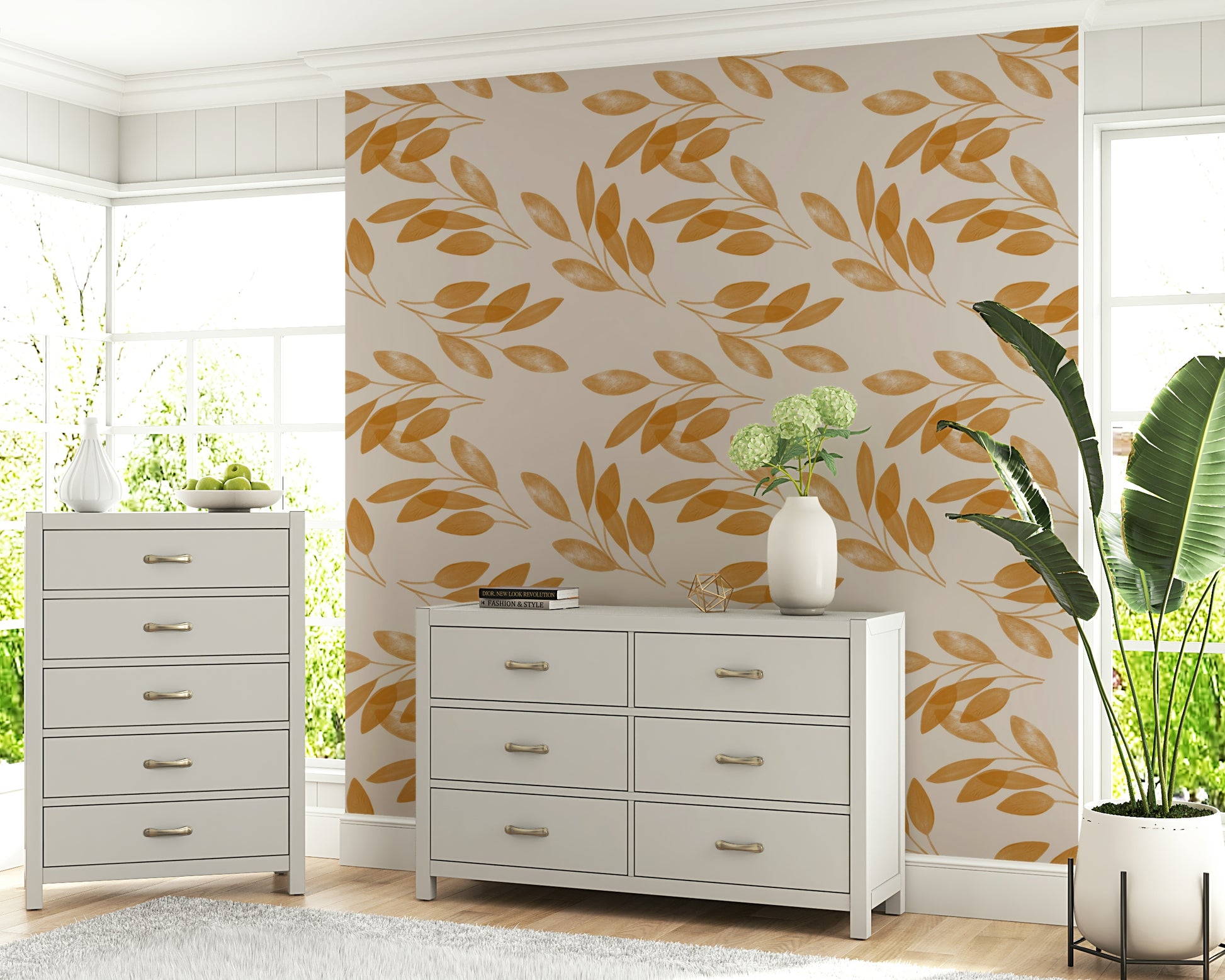 Elegant subtle Golden Leaf Whisper Wallpaper foliage design.