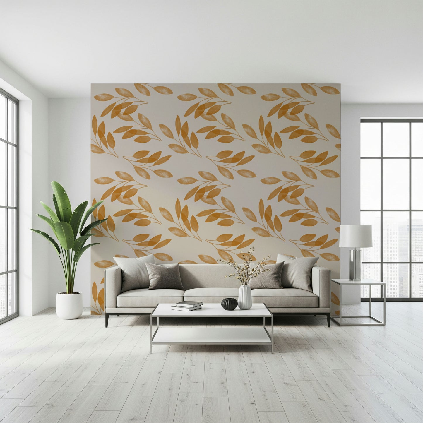 Serene artistic Golden Leaf Whisper Wallpaper wall decor.
