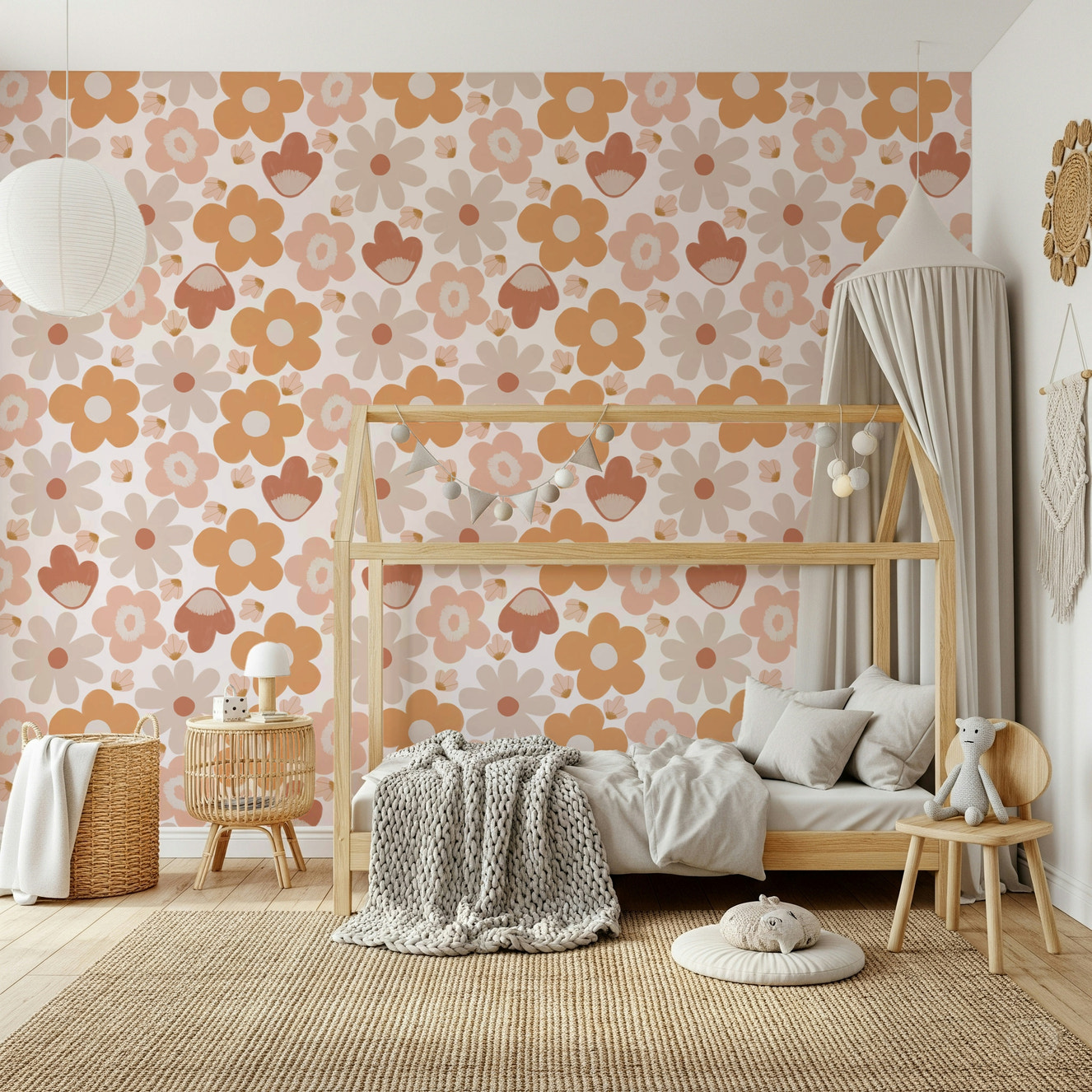 Peach, tan, and rust blooms on Boho Floral Dreams wallpaper for walls.

