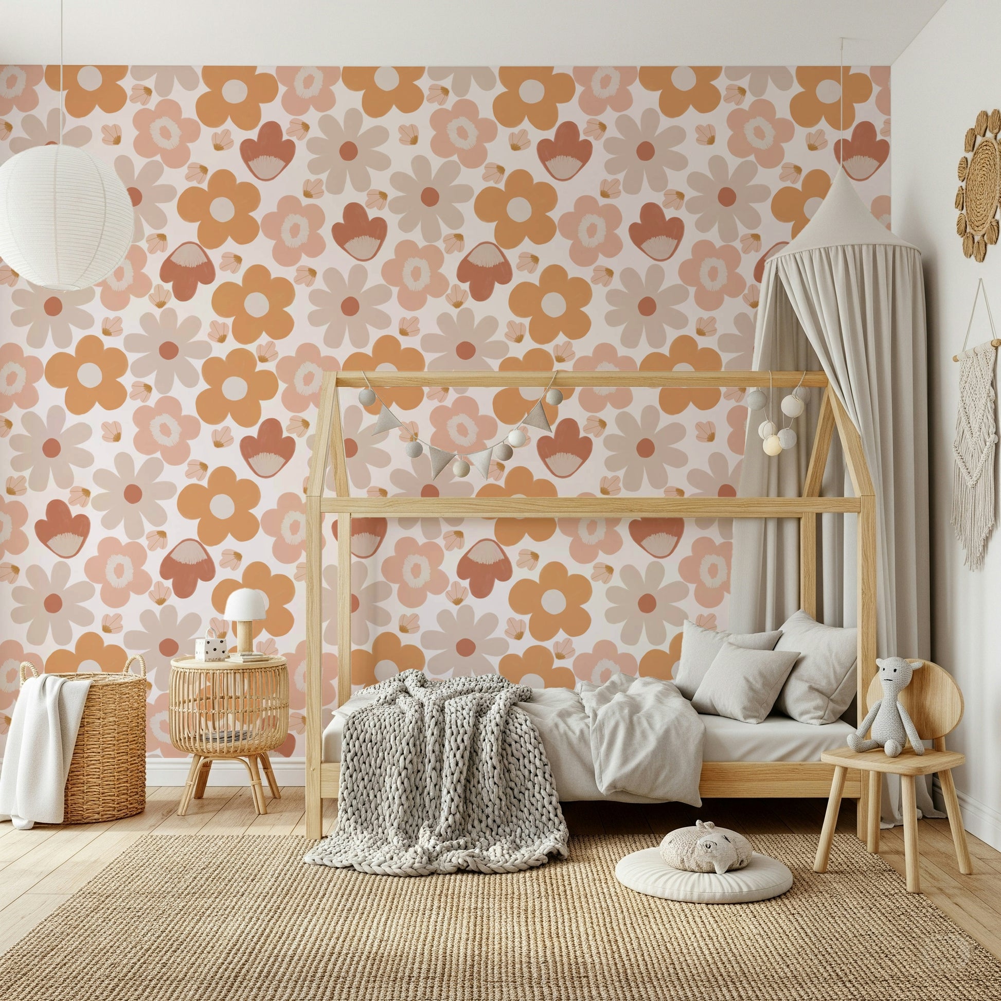 Peach, tan, and rust blooms on Boho Floral Dreams wallpaper for walls.

