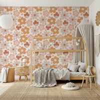 Peach, tan, and rust blooms on Boho Floral Dreams wallpaper for walls.


