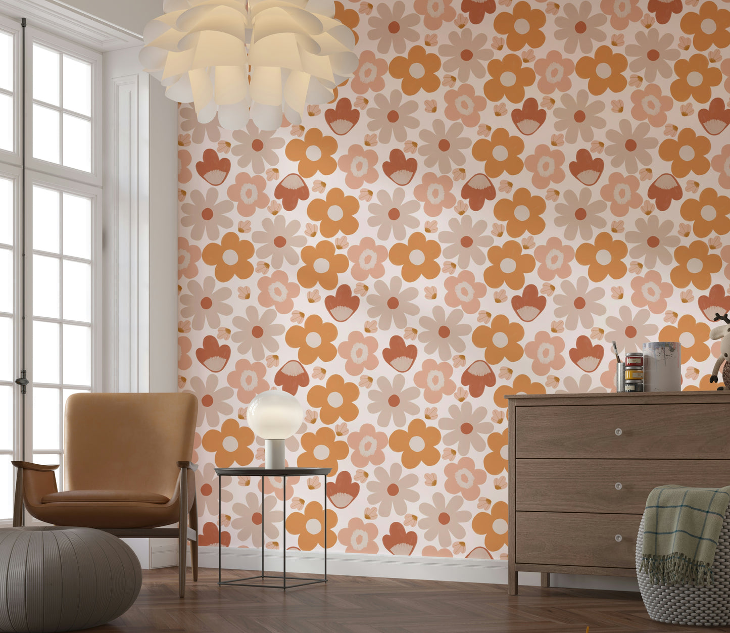 Boho Floral Dreams wallpaper mural, playful petals and bold daisy accents.

