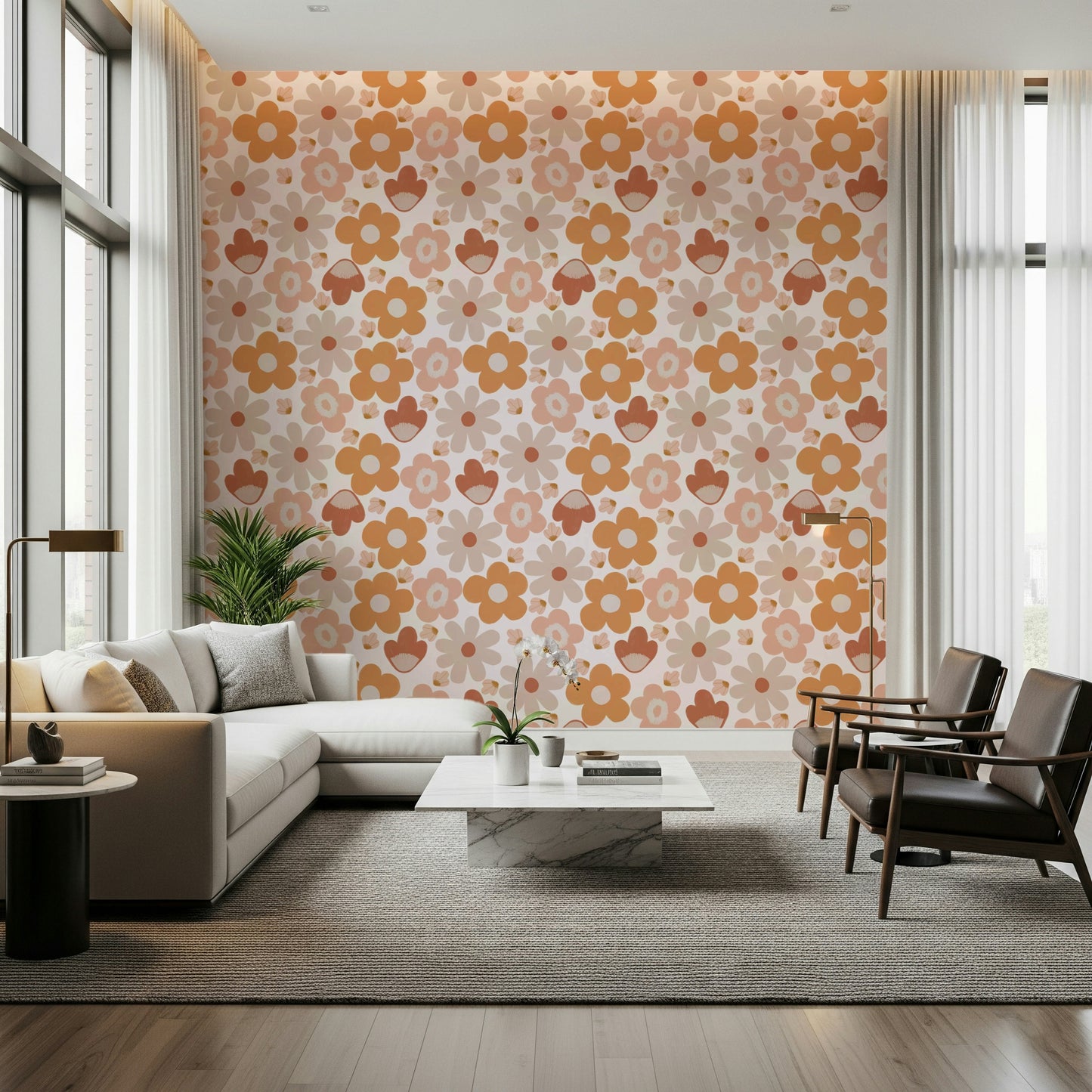 Retro floral motif on Boho Floral Dreams wall mural, earthy blooms.

