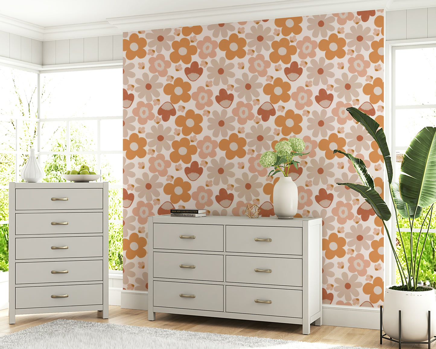 Soft-color stylized blooms on Boho Floral Dreams wallpaper for walls.

