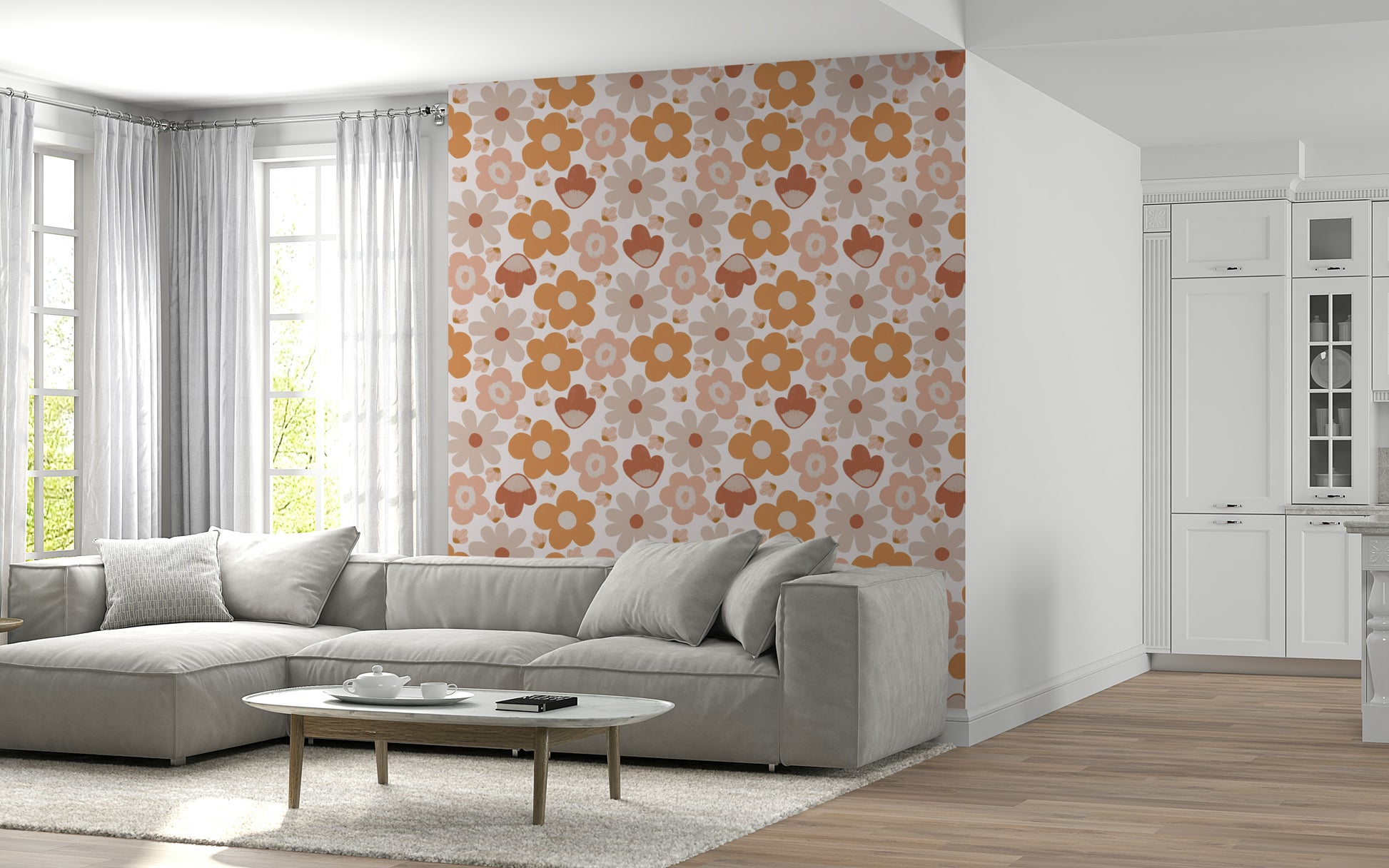 Muted peach blossoms on Boho Floral Dreams wallpaper mural.

