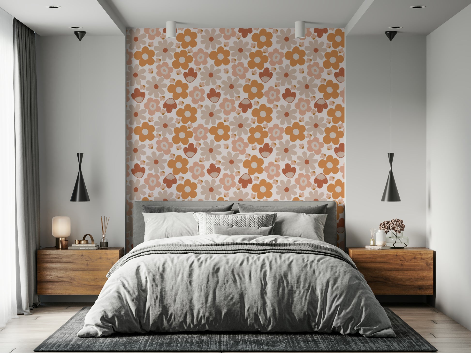 Large whimsical daisies on Boho Floral Dreams wall mural, modern vibe.

