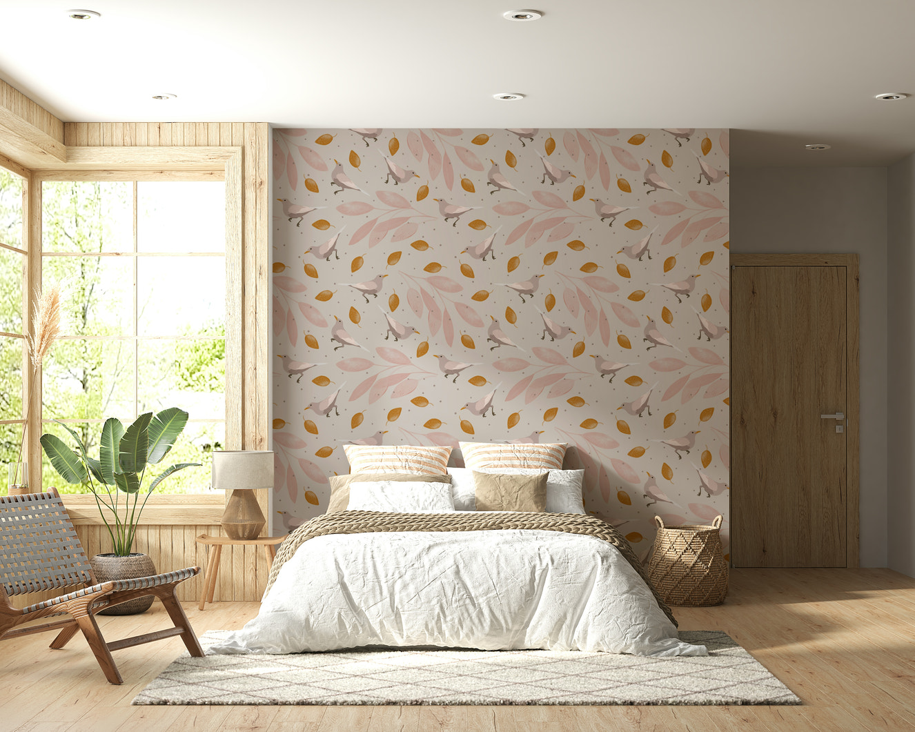 Birds & Leaves wallpaper mural showing pink birds and amber leaves pattern.

