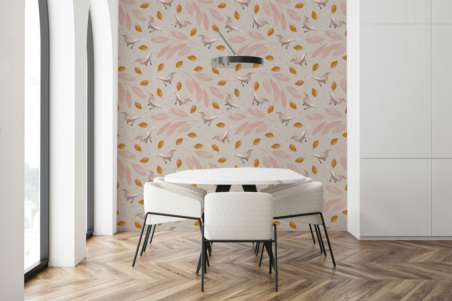 Nature-inspired Birds & Leaves wallpaper mural, muted cream background, gentle birds.

