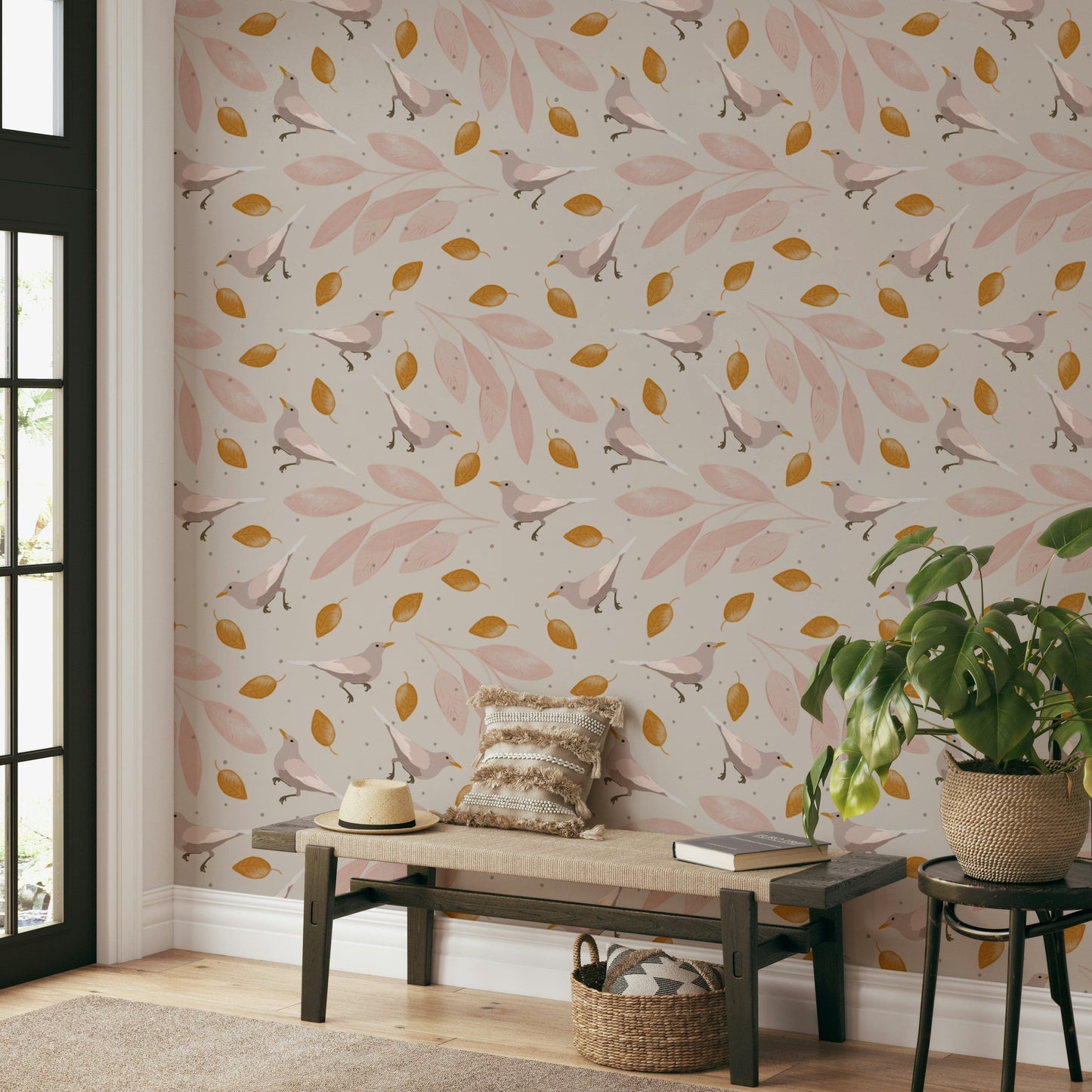 Playful birds on soothing botanical wallpaper, pastel leaves mural design.

