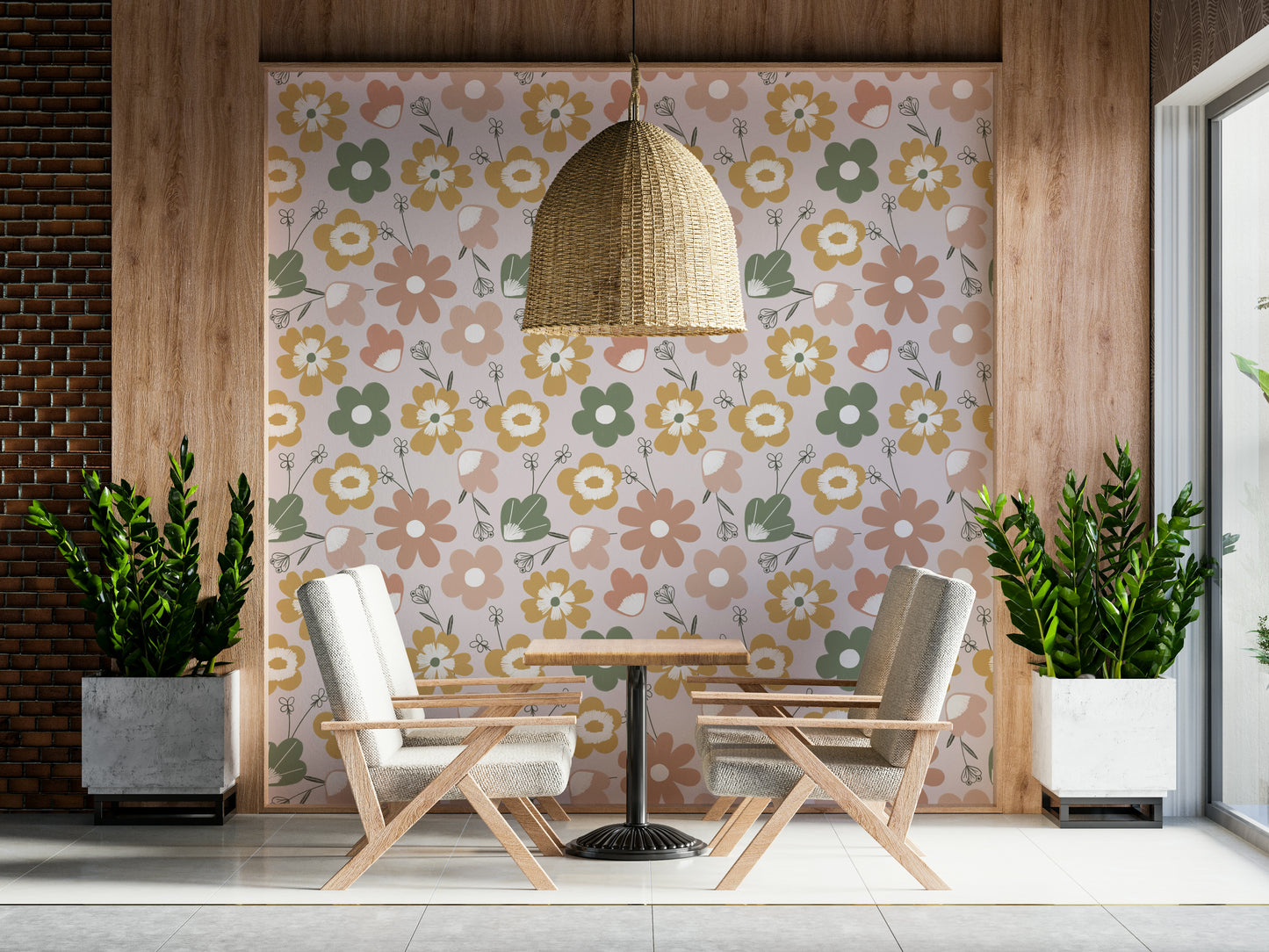 Boho Blooms Modern peel and stick wallpaper featuring playful blossoms.