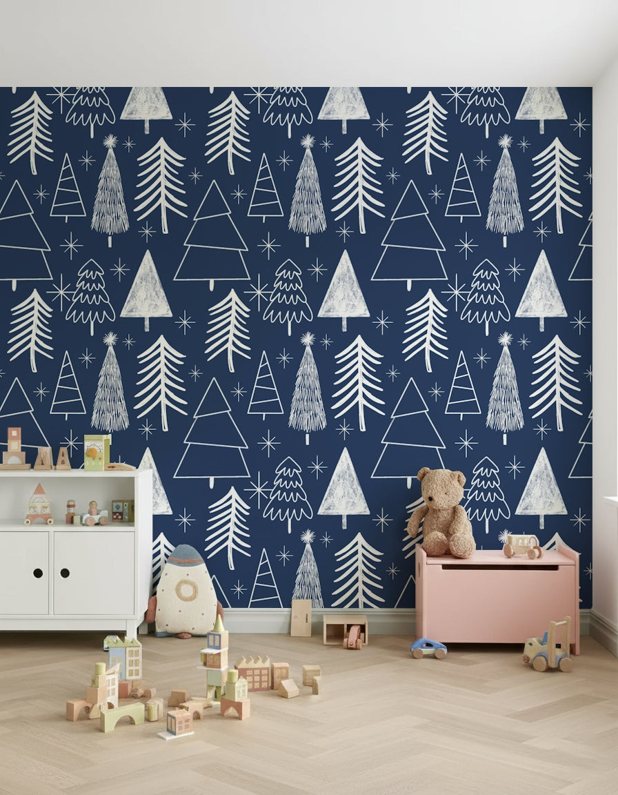 Seamless Winter Trees pattern with sketched pine motifs.