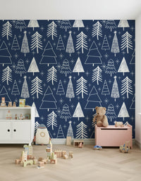 Seamless Winter Trees pattern with sketched pine motifs.