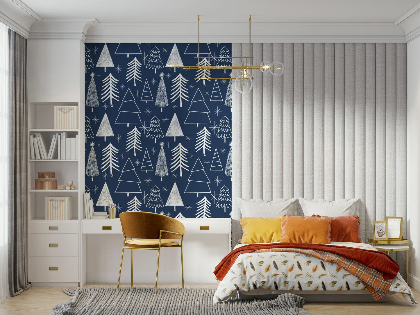 Playful peel and stick Winter Trees Wallpaper with festive white stars.