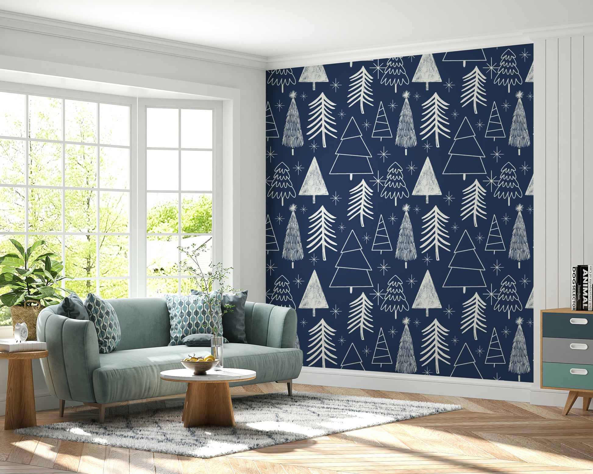 Blue and white textured Winter Trees wallpaper mural.