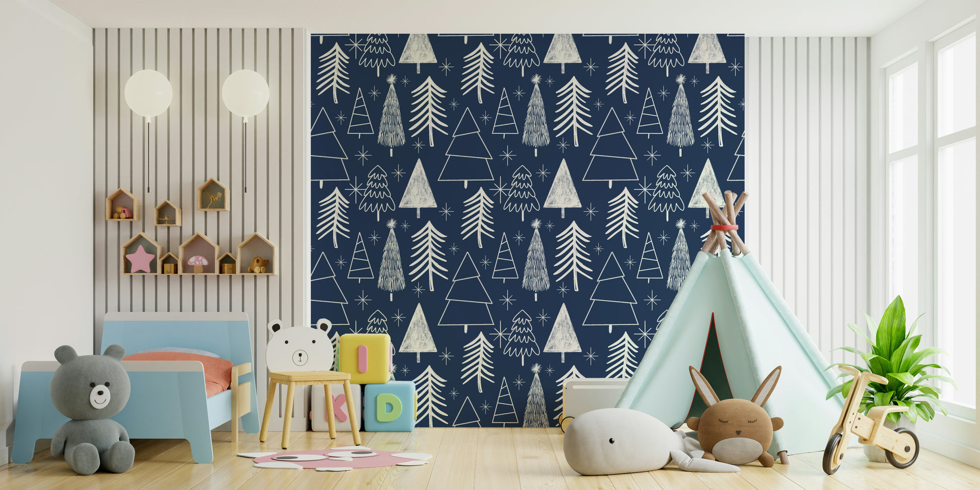 Stylized white firs on a navy wallpaper for walls.