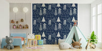 Stylized white firs on a navy wallpaper for walls.