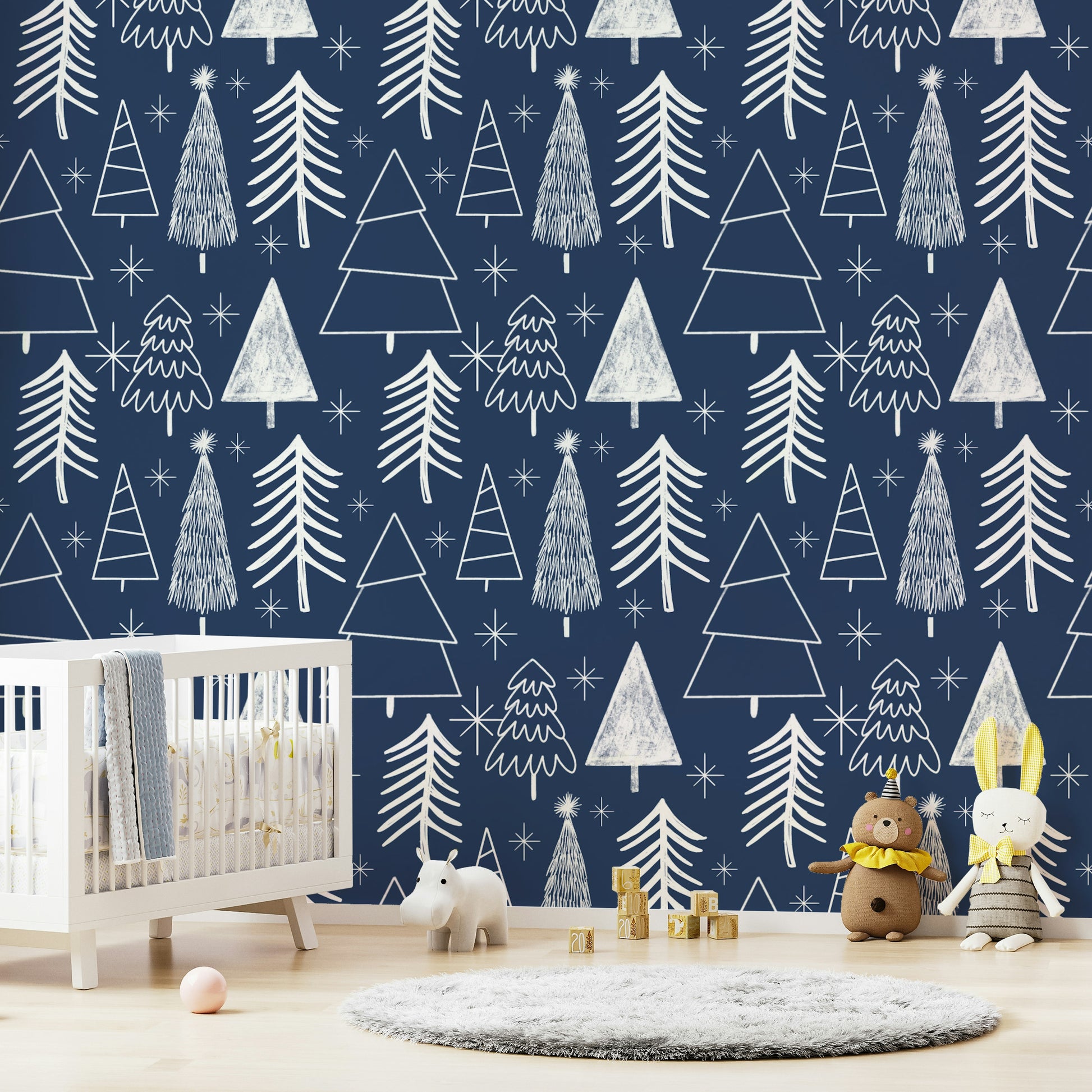 Decorative navy background with outlined white Winter Trees.