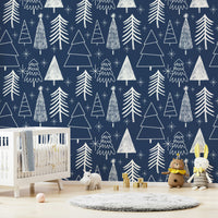 Decorative navy background with outlined white Winter Trees.