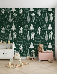 Seamless repeat of Starry Evergreen trees and snow sparkle motifs.