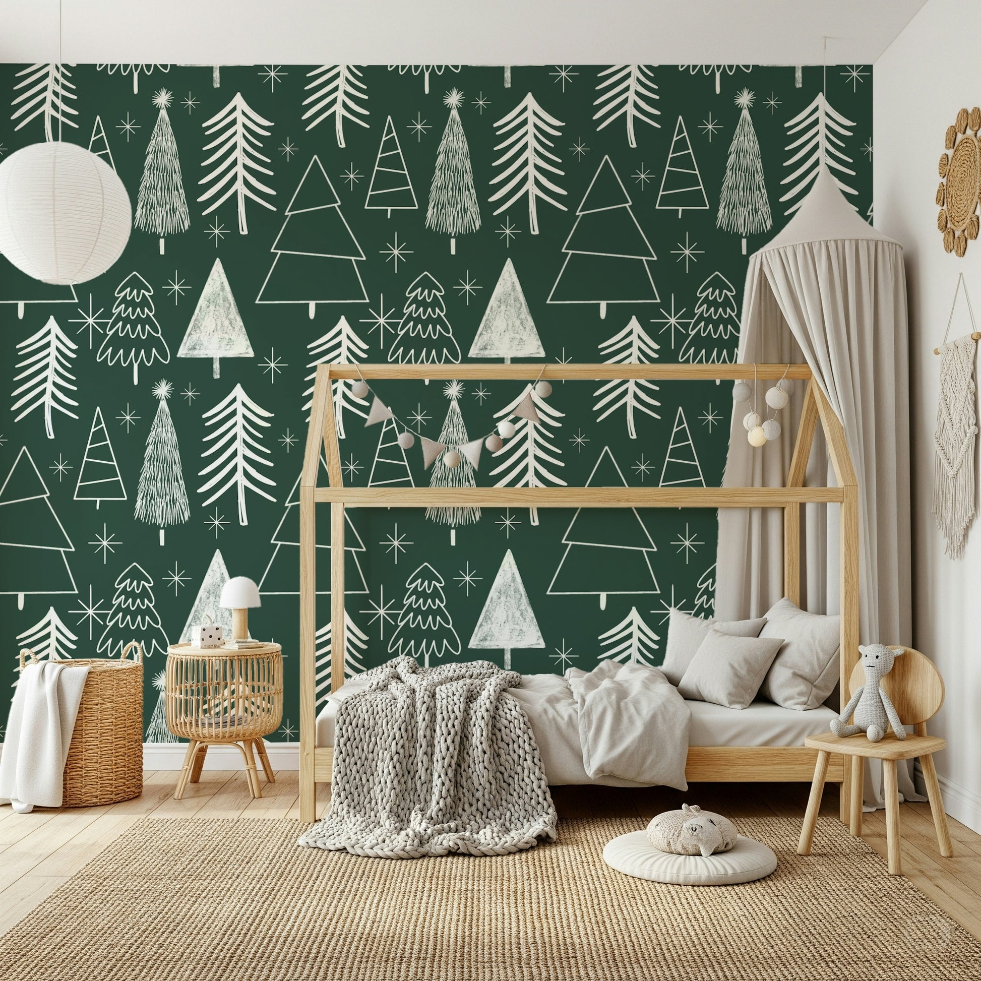Modern Starry Evergreen graphic with white spruce outlines.