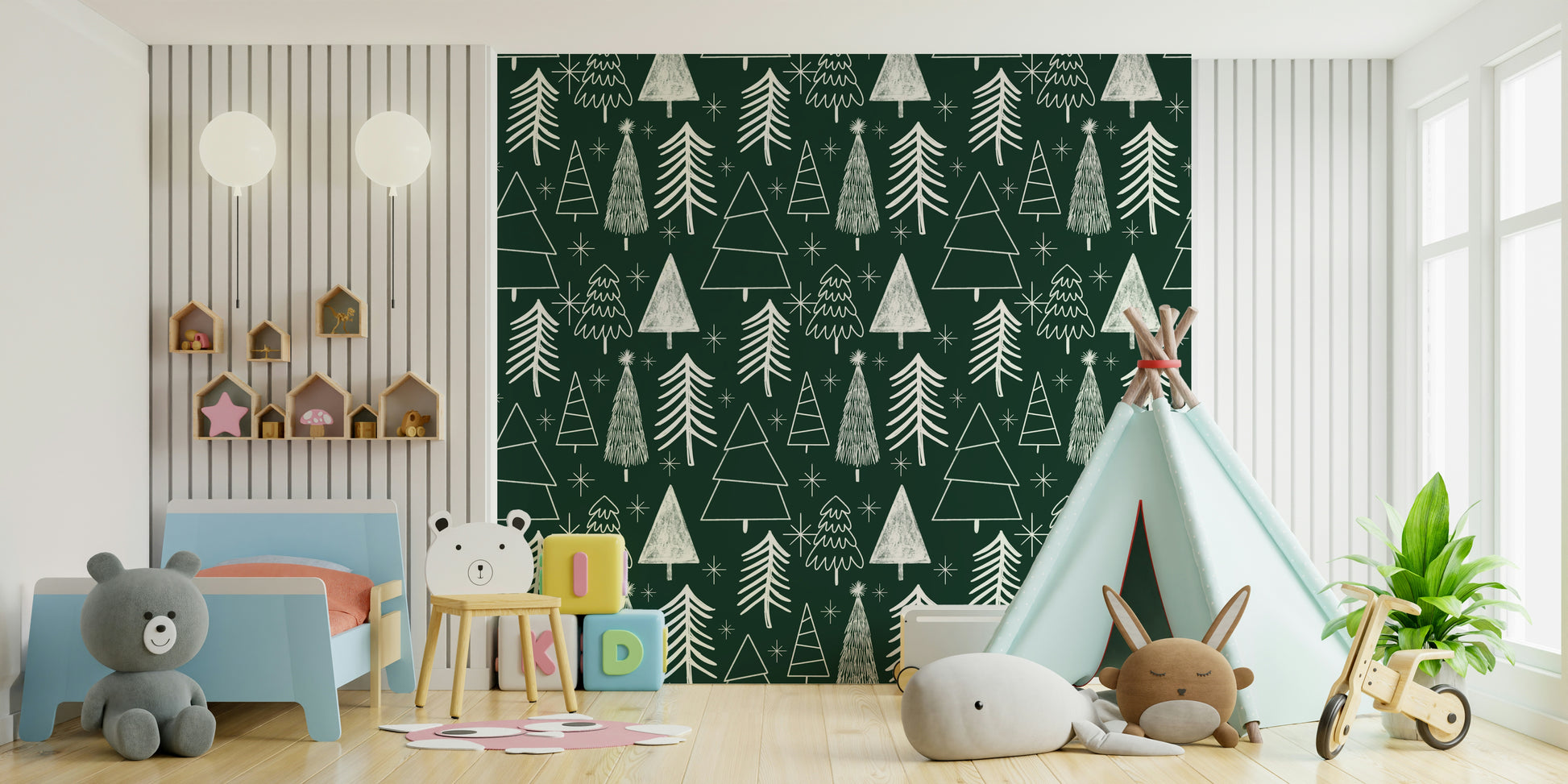 Simple white lines create a festive Starry Evergreen peel and stick wallpaper.