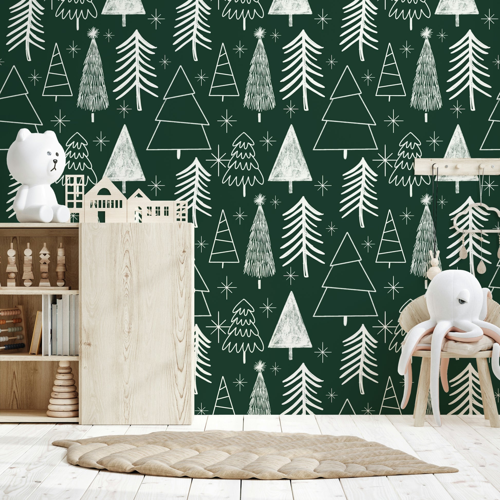 The Starry Evergreen wallpaper mural background is a rich, deep teal.