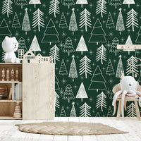 The Starry Evergreen wallpaper mural background is a rich, deep teal.
