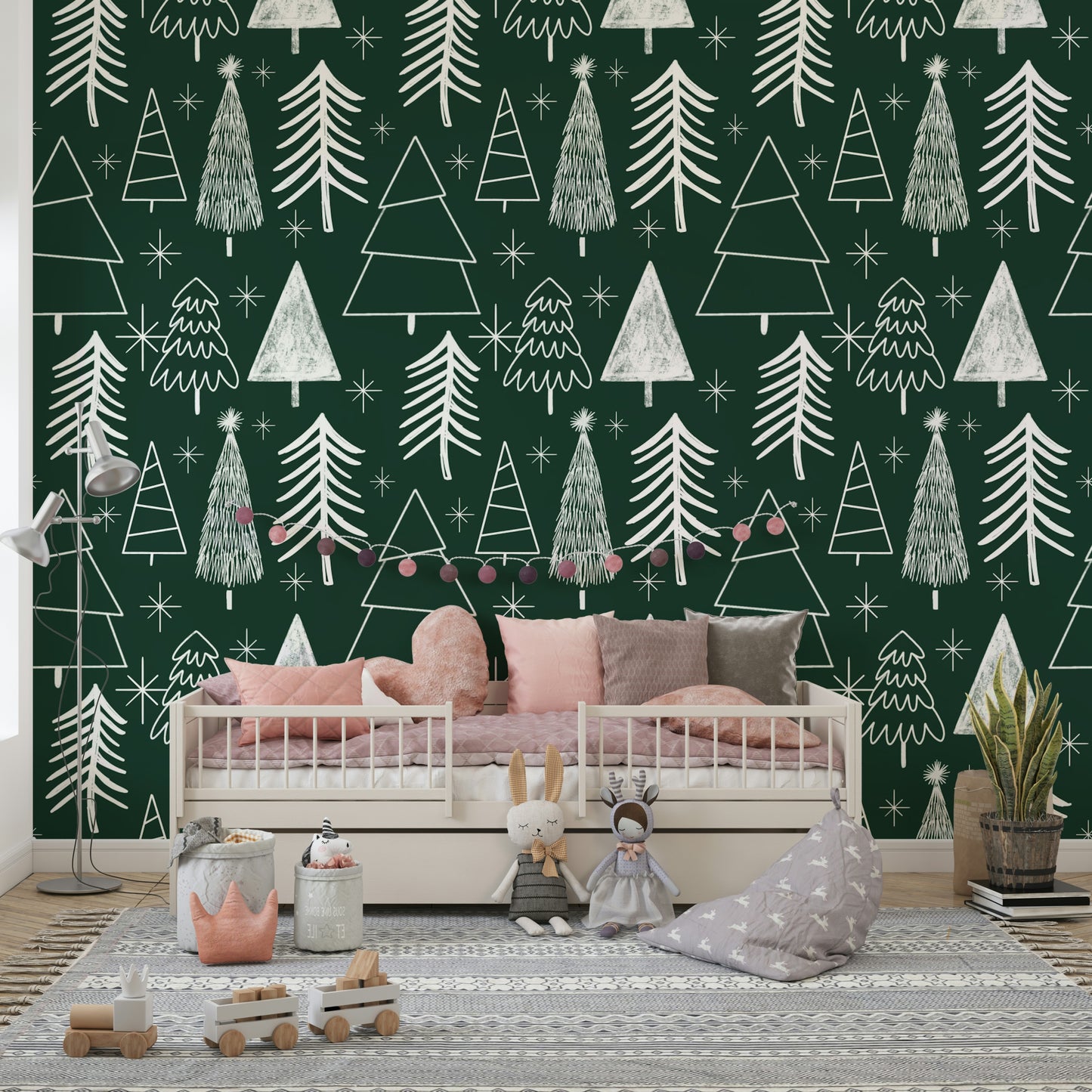 Starry Evergreen pattern featuring various unique Christmas tree shapes.