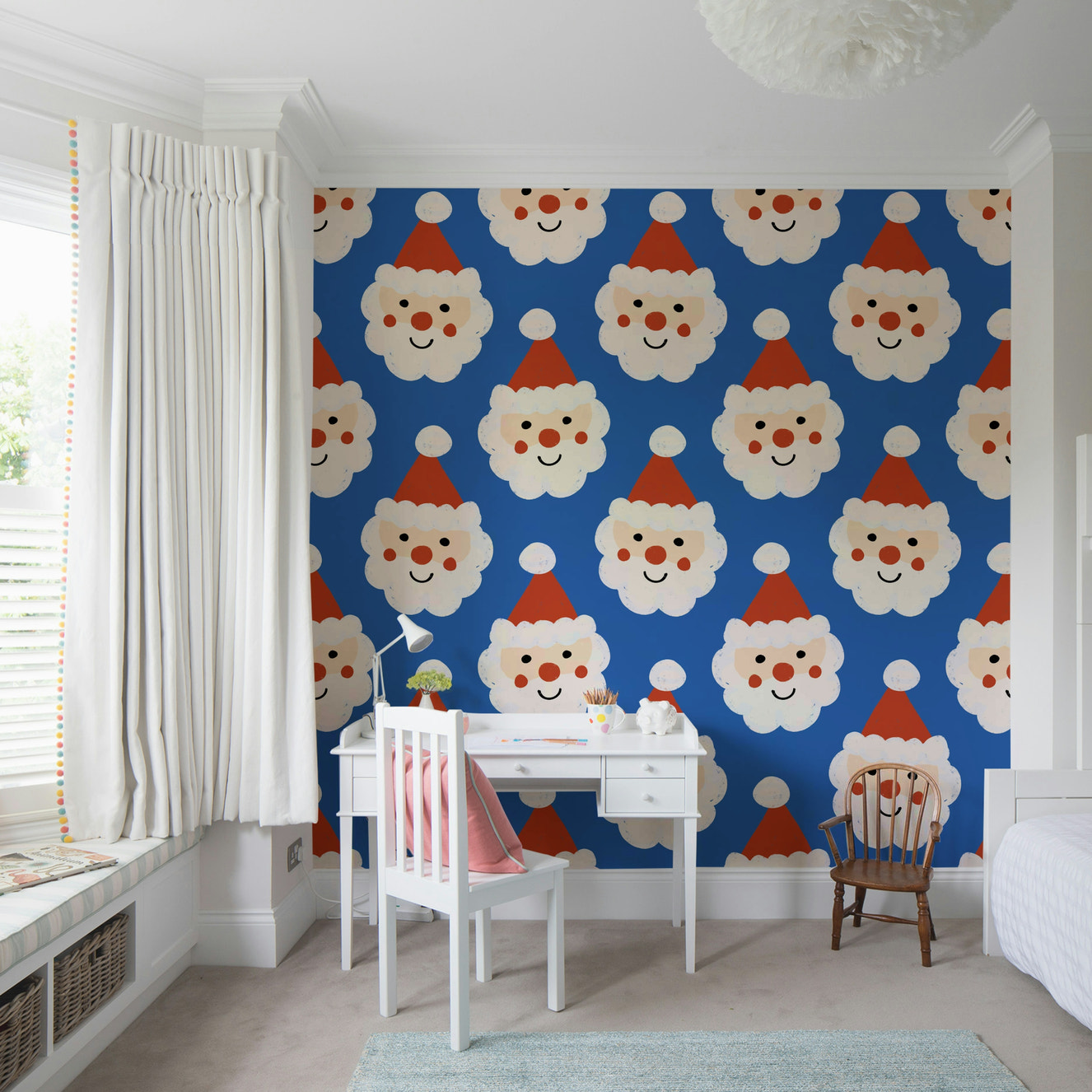Cute Santa Claus pattern on vibrant blue wallpaper for walls.